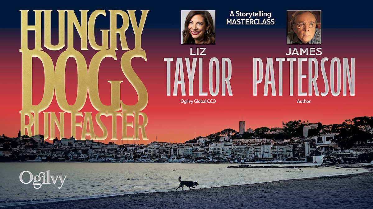 graphic with Liz Taylor and James Patterson's headshots and "Hungry Dogs Run Faster" in the style of a James Patterson novel cover