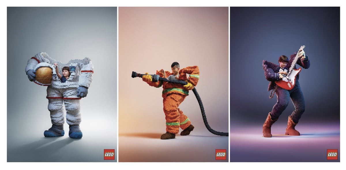 2017 Lego ad featuring kids building Legos into costumes as an astronaut, firefighter