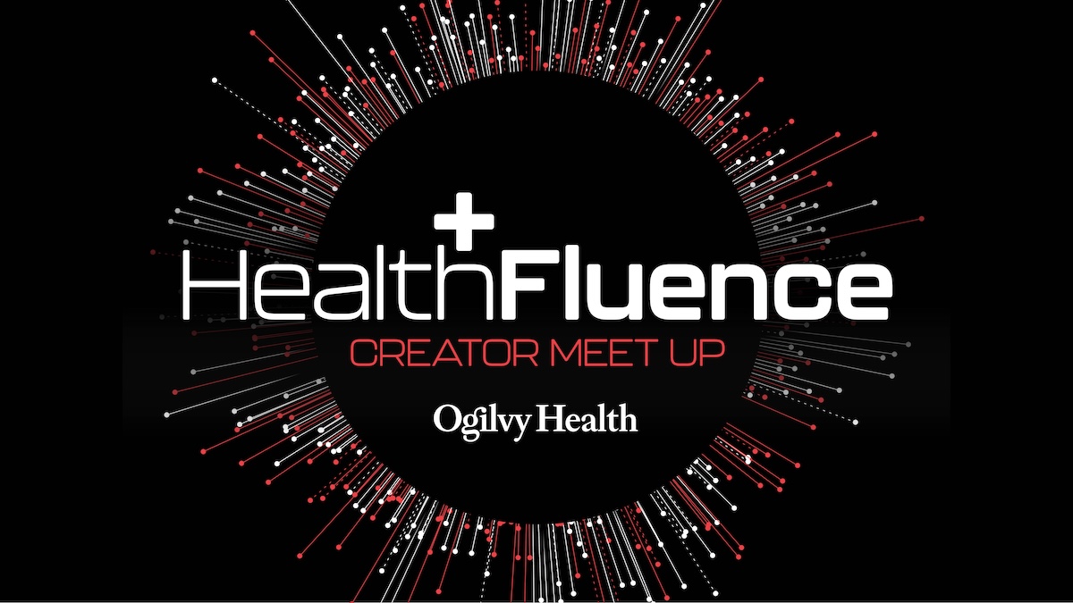 Black graphic with whit4e and red copy that says Health Influence Creator Meetup. There is a white Ogilvy Health logo at the bottom. 