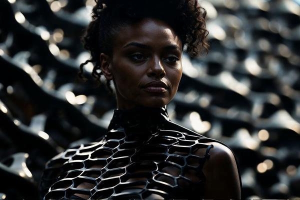 A Curated Collection — Audi AI generated image of a woman wearing a heavily-textured, seemingly metal outfit featuring geometric shapes