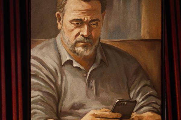 Succession — HSBC Painting of a man looking down at a phone he is holding in his hands