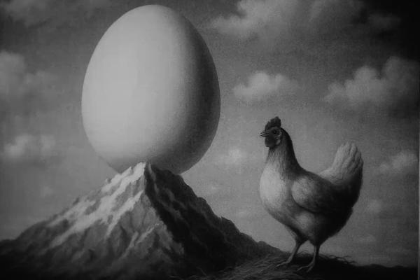 Pur Huevos — Ministry of Equality of Spain A black and white surreal image depicts a large, smooth, oval egg resting precariously on the peak of a jagged, rocky mountain. In the foreground, to the right, a hen with dark plumage and a comb stands on a textured ground, looking towards the giant egg. The sky behind them is cloudy and dark.