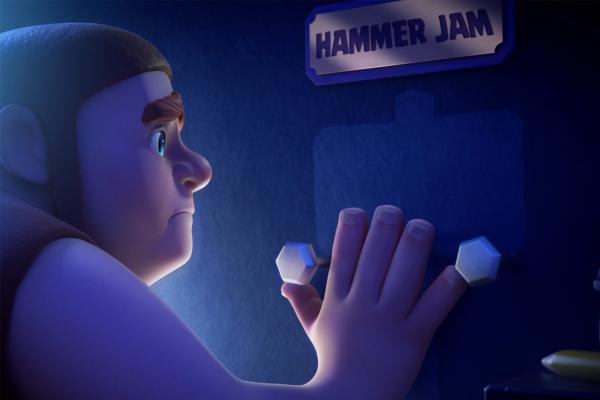 Hammerless: A True Crime Podcast in a Fantasy World—Clash of Clans video game character with their hand on a wall underneath a sign that says "Hammer Jam"