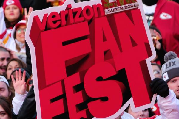 Verizon FanFest — Verizon Image  with "Verizon Fan Fest" in big red lettering, with various football fans surrounding the letters