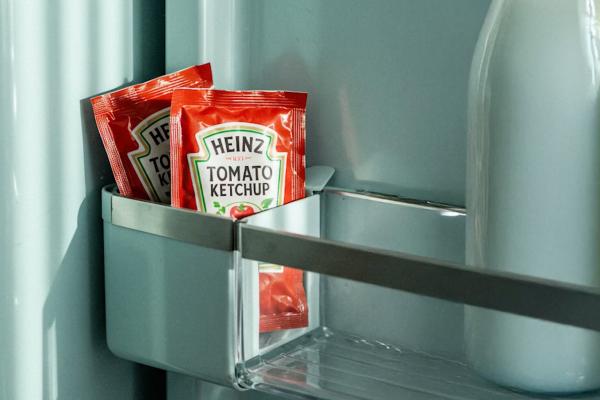 I'm Still Here Too — Heinz Two Heinz tomato ketchup packes standing upright on a refrigerator shelf