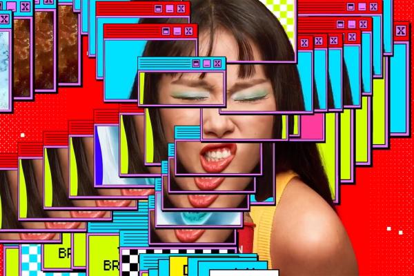 Sip Freeze Repeat — Coca-Cola Image of a woman justaposed with colorful cartoon-like browser windows, layered ontop of one another