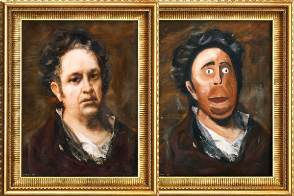 Goya - Uber Eats Two framed oil paintings are displayed side-by-side. Both paintings depict a bust of a person with dark, curly hair and a dark coat over a white shirt. The painting on the left shows a more realistic, somewhat somber portrait. The painting on the right is a humorous, exaggerated version of the left, with the person's face painted brown, large white cartoonish eyes, and an open mouth. Both paintings are in ornate gold frames.